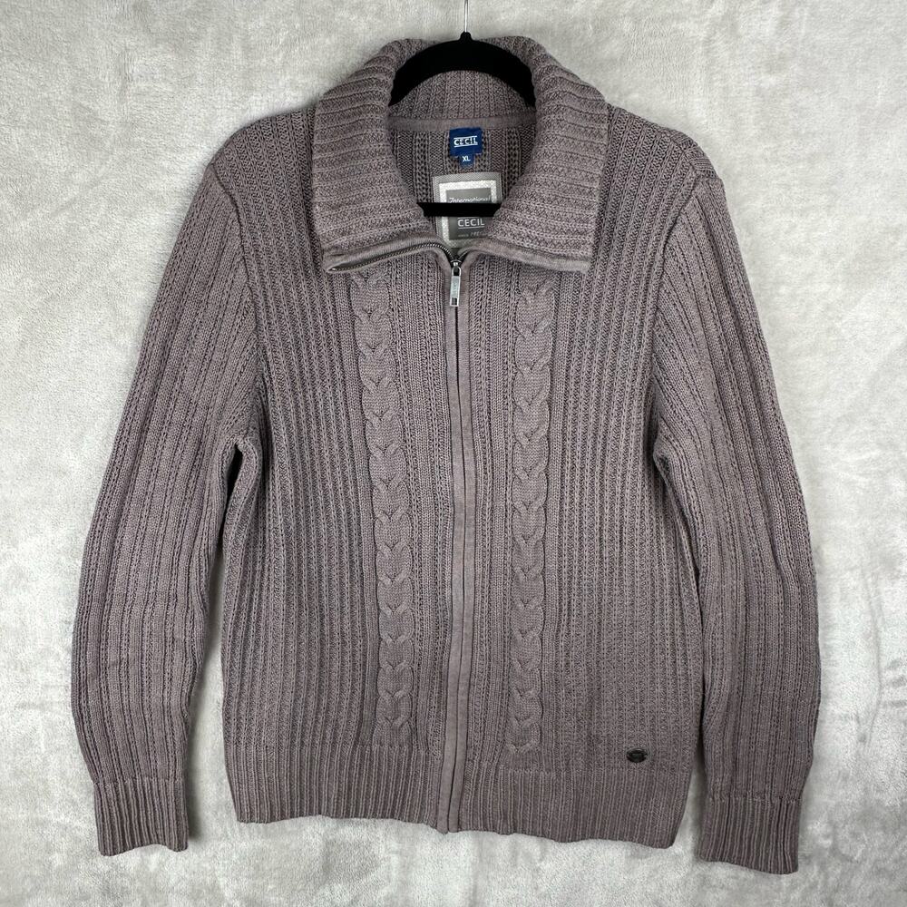 Cecil Sweater Womens XL Gray Cable Knit Full Zip Cardigan Neutral Fisherman